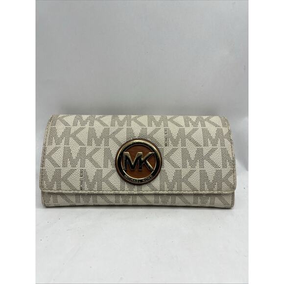 Michael Kors Jet Set Travel Trifold Leather Wallet Vanilla Beige Signature Logo - Picture 1 of 9